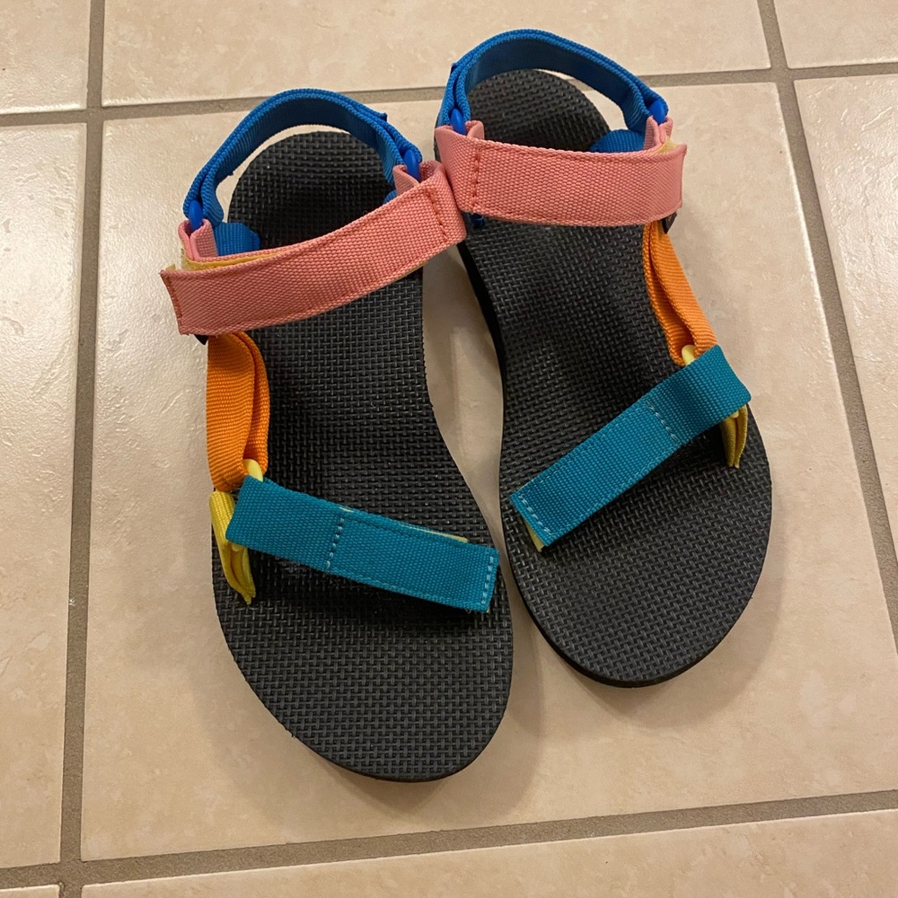 Teva Women’s size 7 Multicolor Strap Sandals — Pink, Teal, Orange & Yellow